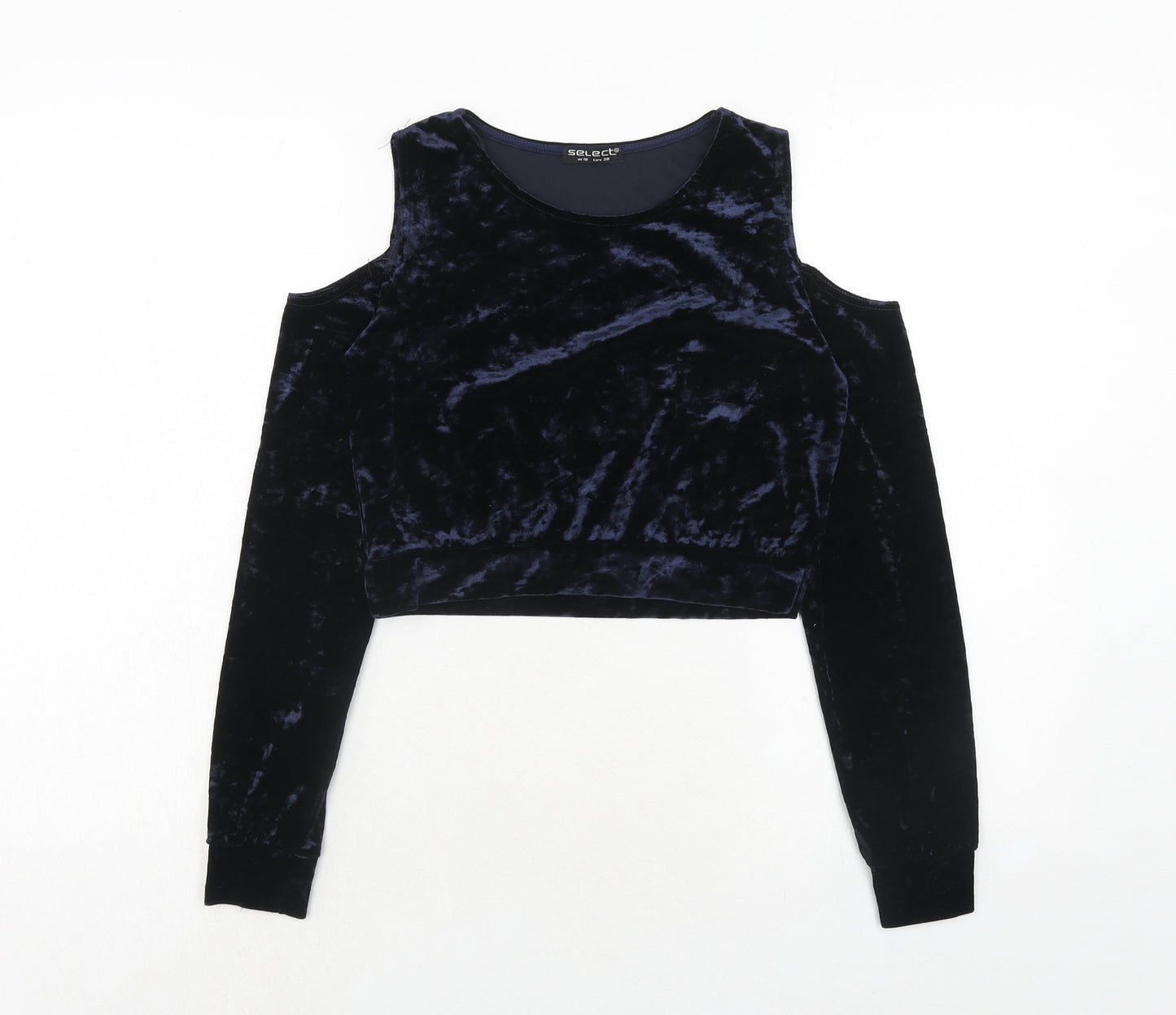 Select Womens Blue Polyester Cropped Blouse Size 10 Round Neck - Cold Shoulder
