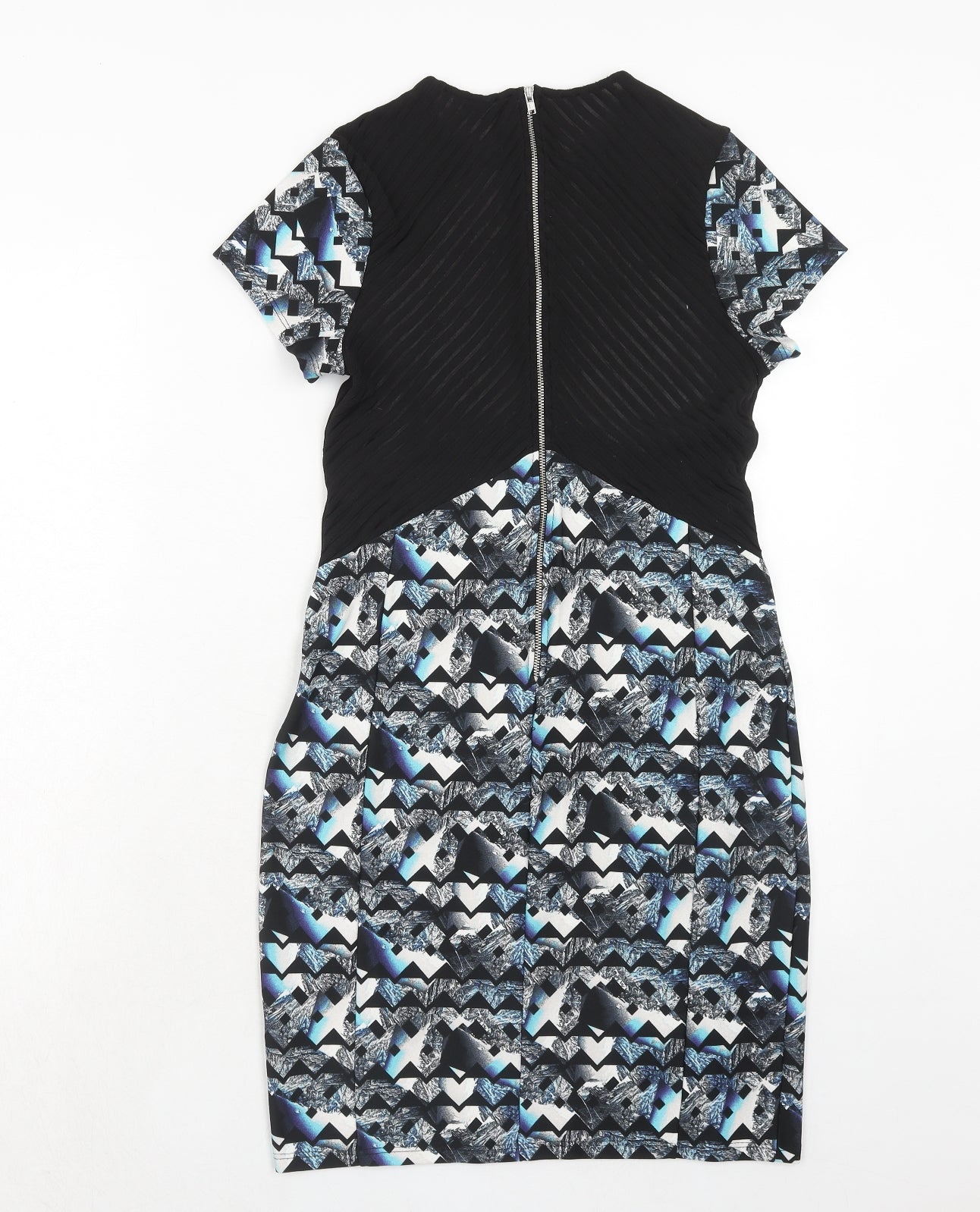 Miss Selfridge Womens Blue Geometric Polyester A-Line Size 12 Round Neck Zip