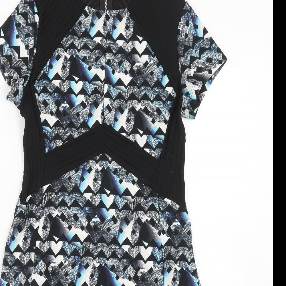 Miss Selfridge Womens Blue Geometric Polyester A-Line Size 12 Round Neck Zip