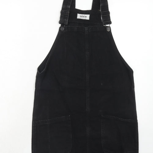New Look Womens Black Cotton Pinafore/Dungaree Dress Size 6 Square Neck Buckle