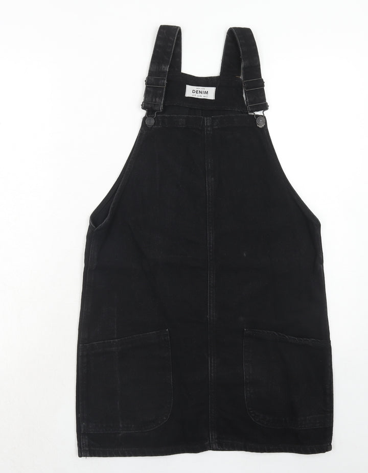 New Look Womens Black Cotton Pinafore/Dungaree Dress Size 6 Square Neck Buckle