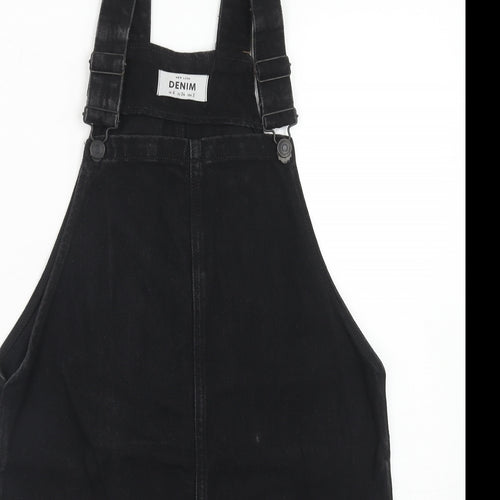 New Look Womens Black Cotton Pinafore/Dungaree Dress Size 6 Square Neck Buckle