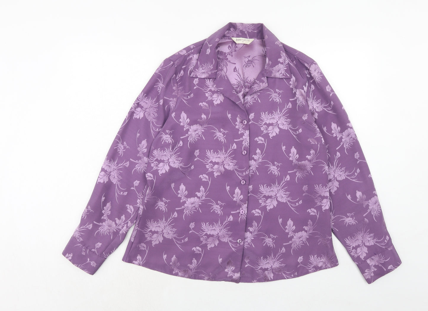 Bonmarché Womens Purple Floral Polyester Basic Button-Up Size 16 Collared