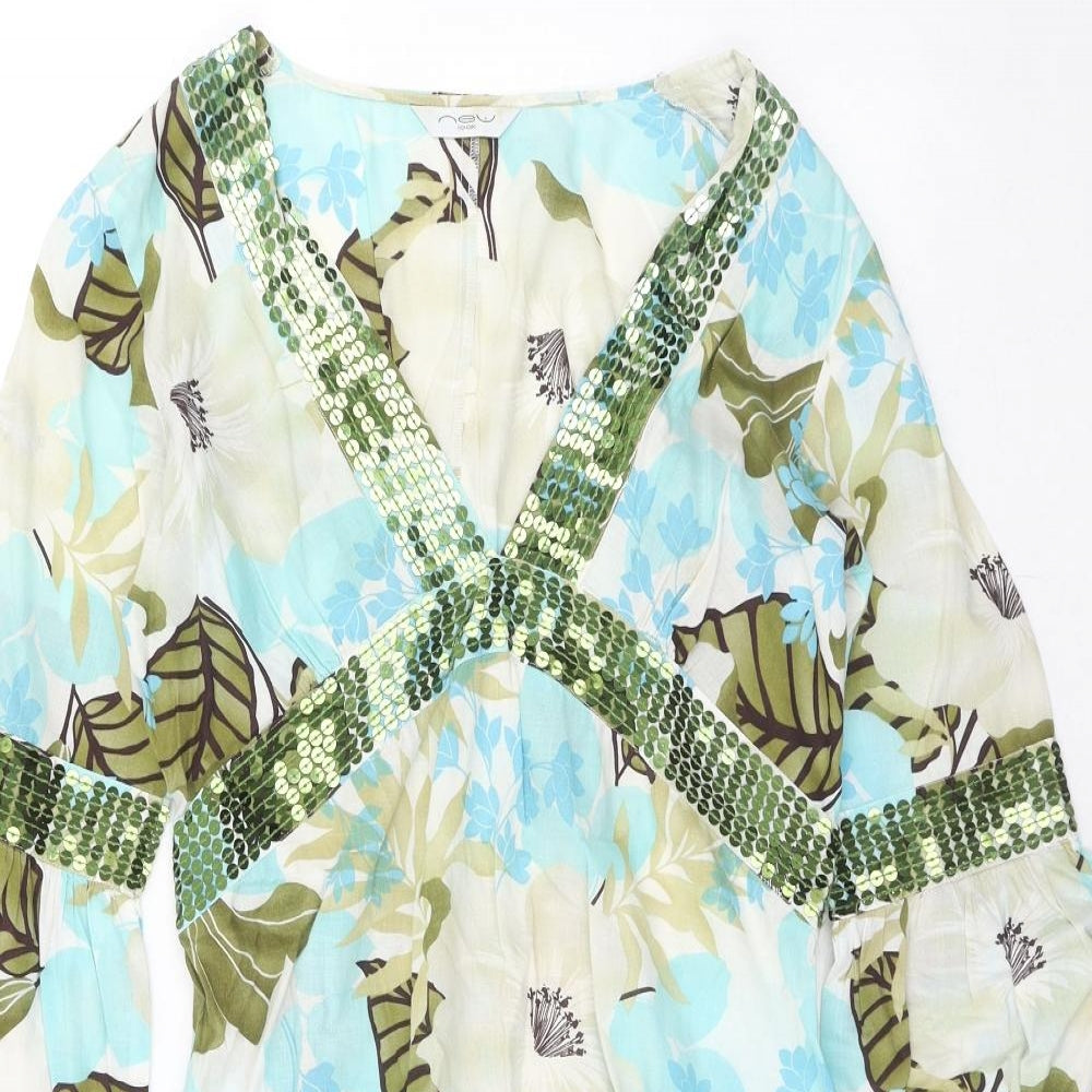 New Look Womens Blue Geometric Cotton A-Line Size 10 V-Neck Pullover