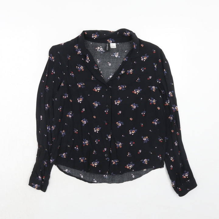 H&M Womens Black Floral Viscose Basic Button-Up Size 6 Collared
