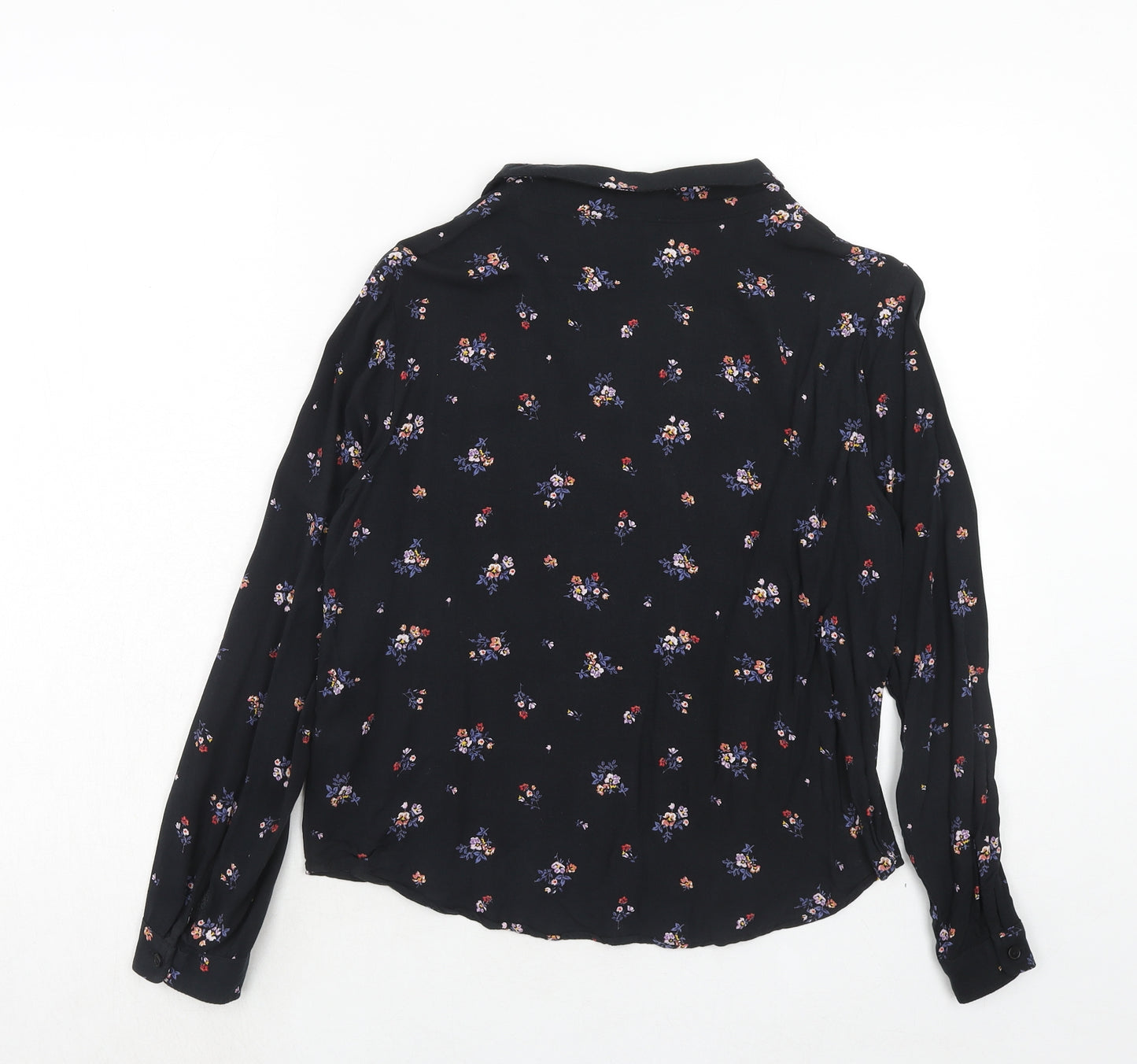 H&M Womens Black Floral Viscose Basic Button-Up Size 6 Collared