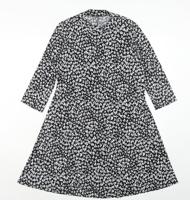 M&Co Womens Black Floral Polyester Fit & Flare Size 12 Round Neck Pullover - Heart Pattern