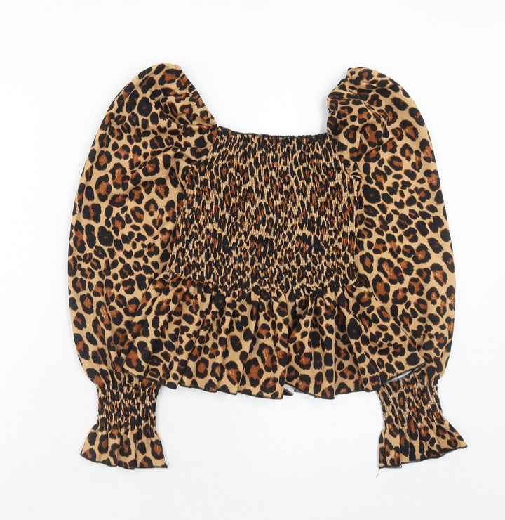 New Look Womens Brown Animal Print Polyester Basic Blouse Size 8 Square Neck - Leopard Pattern