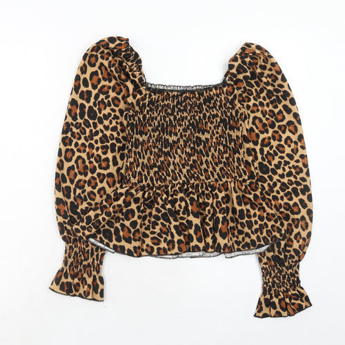 New Look Womens Brown Animal Print Polyester Basic Blouse Size 8 Square Neck - Leopard Pattern