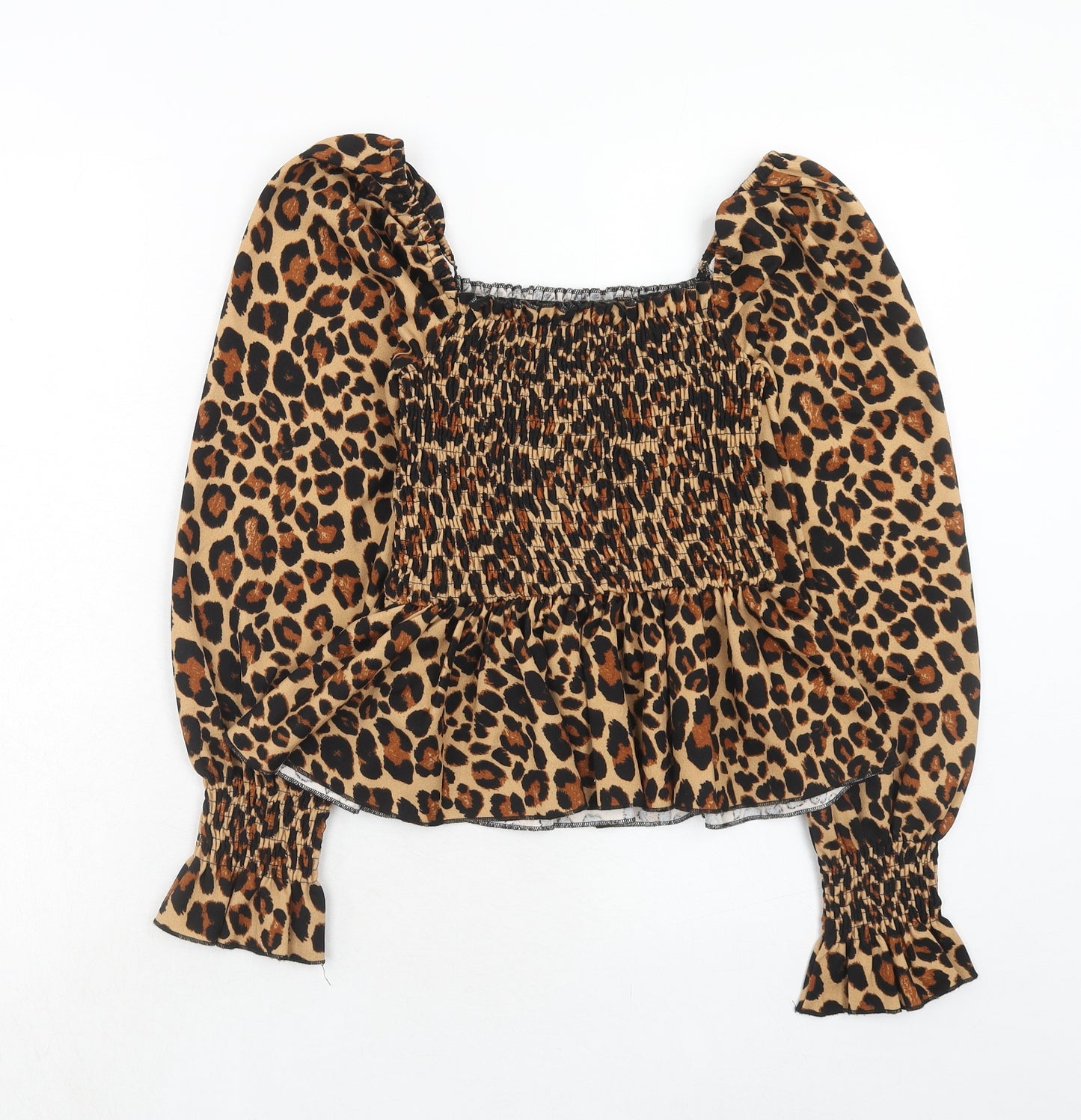 New Look Womens Brown Animal Print Polyester Basic Blouse Size 8 Square Neck - Leopard Pattern