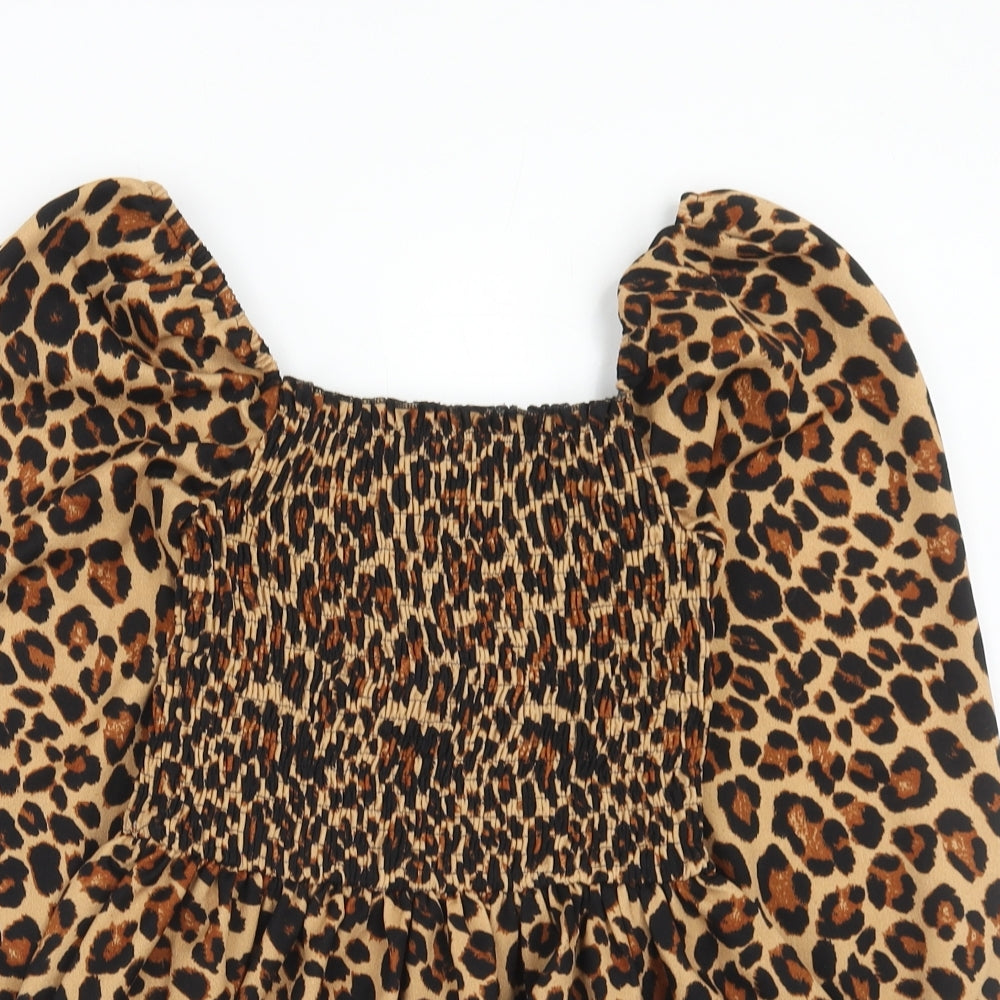 New Look Womens Brown Animal Print Polyester Basic Blouse Size 8 Square Neck - Leopard Pattern