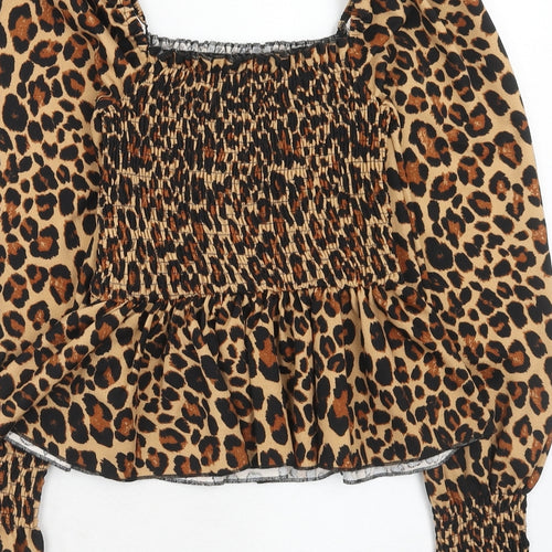 New Look Womens Brown Animal Print Polyester Basic Blouse Size 8 Square Neck - Leopard Pattern