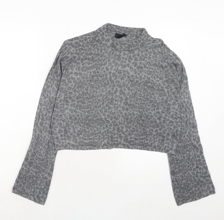 Topshop Womens Grey Round Neck Animal Print Viscose Pullover Jumper Size 16 - Leopard Print