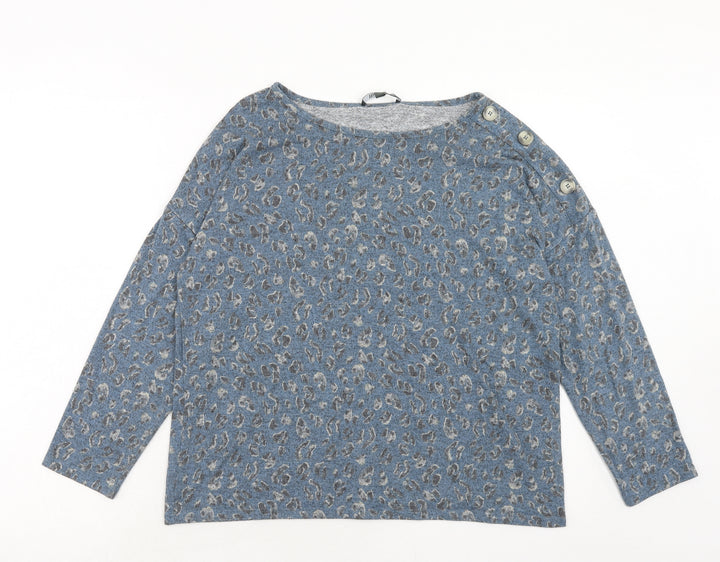 Bonmarché Womens Blue Round Neck Animal Print Polyester Pullover Jumper Size 14 - Leopard Print