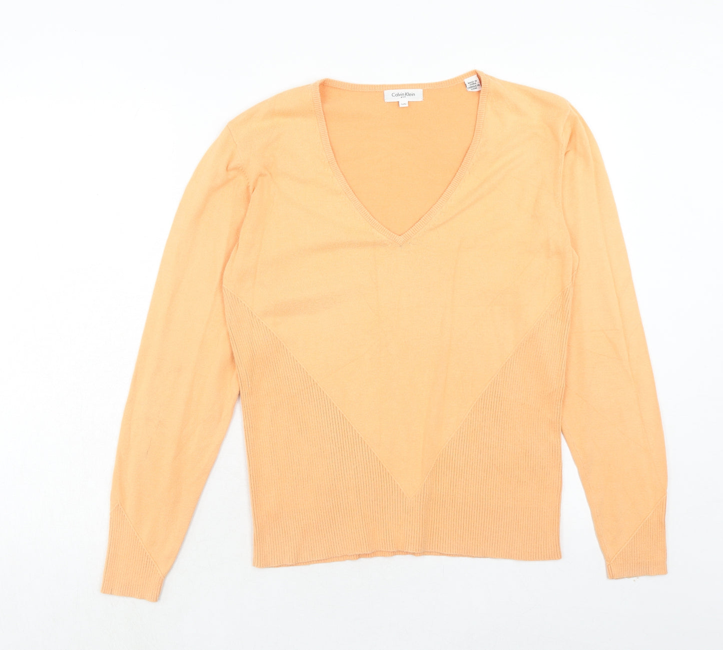 Calvin Klein Womens Orange V-Neck Cotton Pullover Jumper Size L
