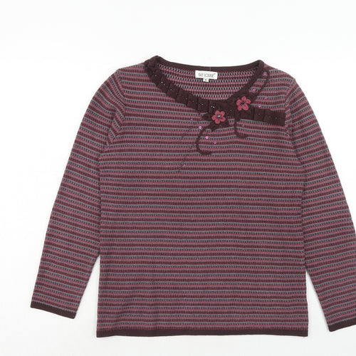 Fay Louise Womens Purple Round Neck Striped Acrylic Pullover Jumper Size S