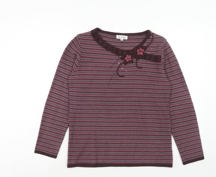 Fay Louise Womens Purple Round Neck Striped Acrylic Pullover Jumper Size S