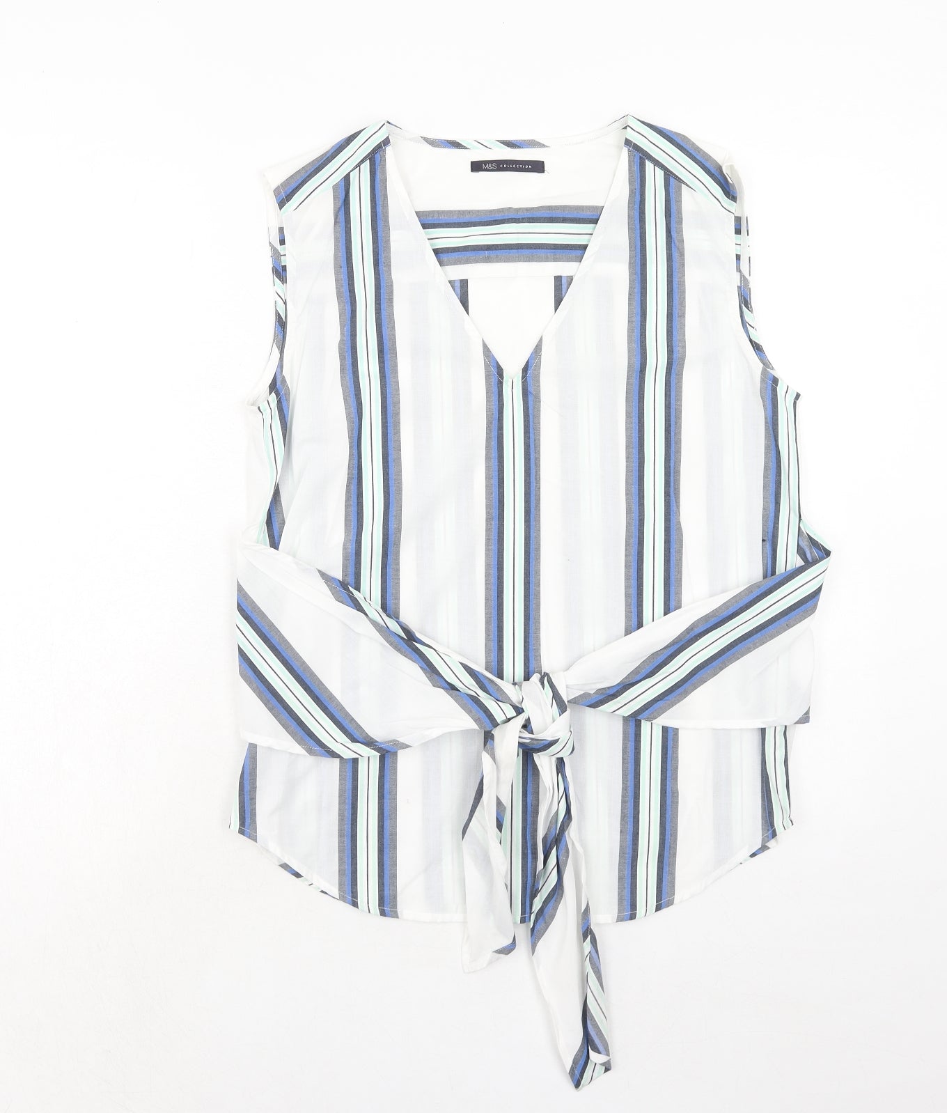 Marks and Spencer Womens White Striped Cotton Basic Tank Size 10 V-Neck - Knot Front
