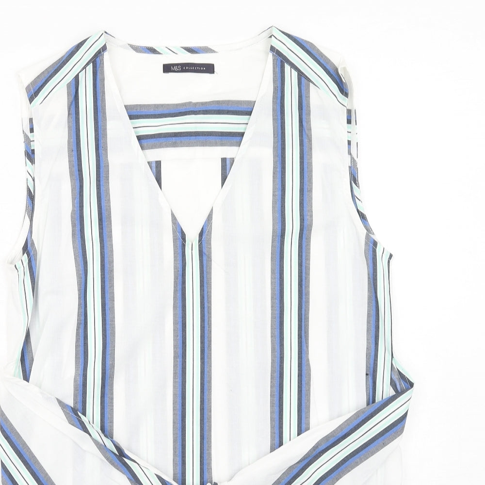Marks and Spencer Womens White Striped Cotton Basic Tank Size 10 V-Neck - Knot Front