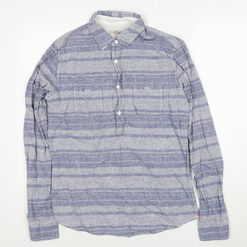 Pull&Bear Mens Blue Striped Polyester Polo Size S Collared Pullover