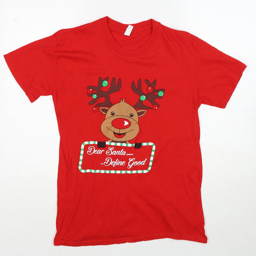 Casual Classics Womens Red Cotton Basic T-Shirt Size M Round Neck - Dear Santa....