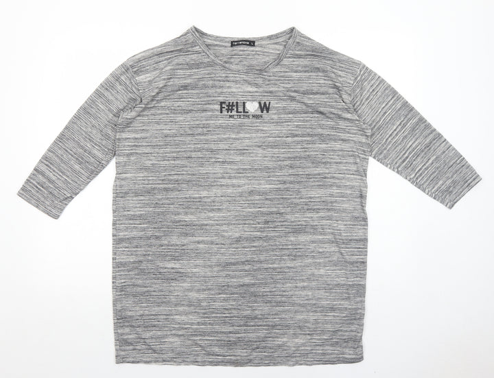 Terranova Womens Grey Polyester Basic T-Shirt Size L Round Neck - Follow Me To The Moon