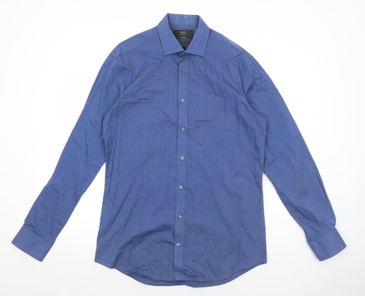 Marks and Spencer Mens Blue Cotton Dress Shirt Size 15.5 Collared Button