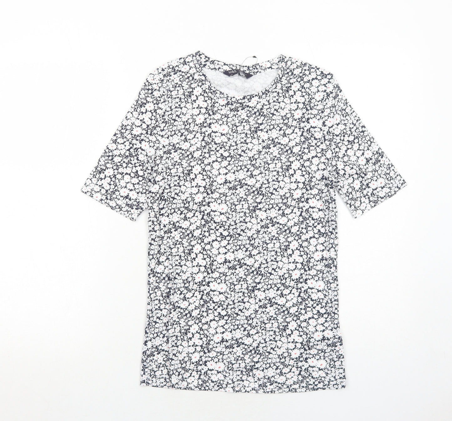 Marks and Spencer Womens Blue Floral Cotton Basic T-Shirt Size 10 Round Neck