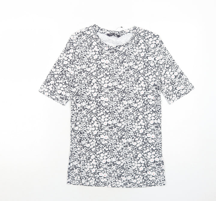 Marks and Spencer Womens Blue Floral Cotton Basic T-Shirt Size 10 Round Neck