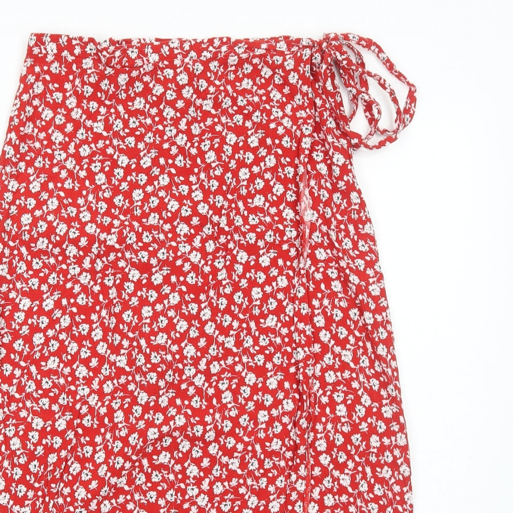 New Look Womens Red Floral Viscose Wrap Skirt Size 8 Button