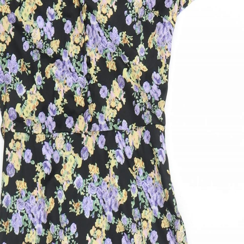 Missguided Womens Black Floral Polyester Trapeze & Swing Size 10 V-Neck Zip