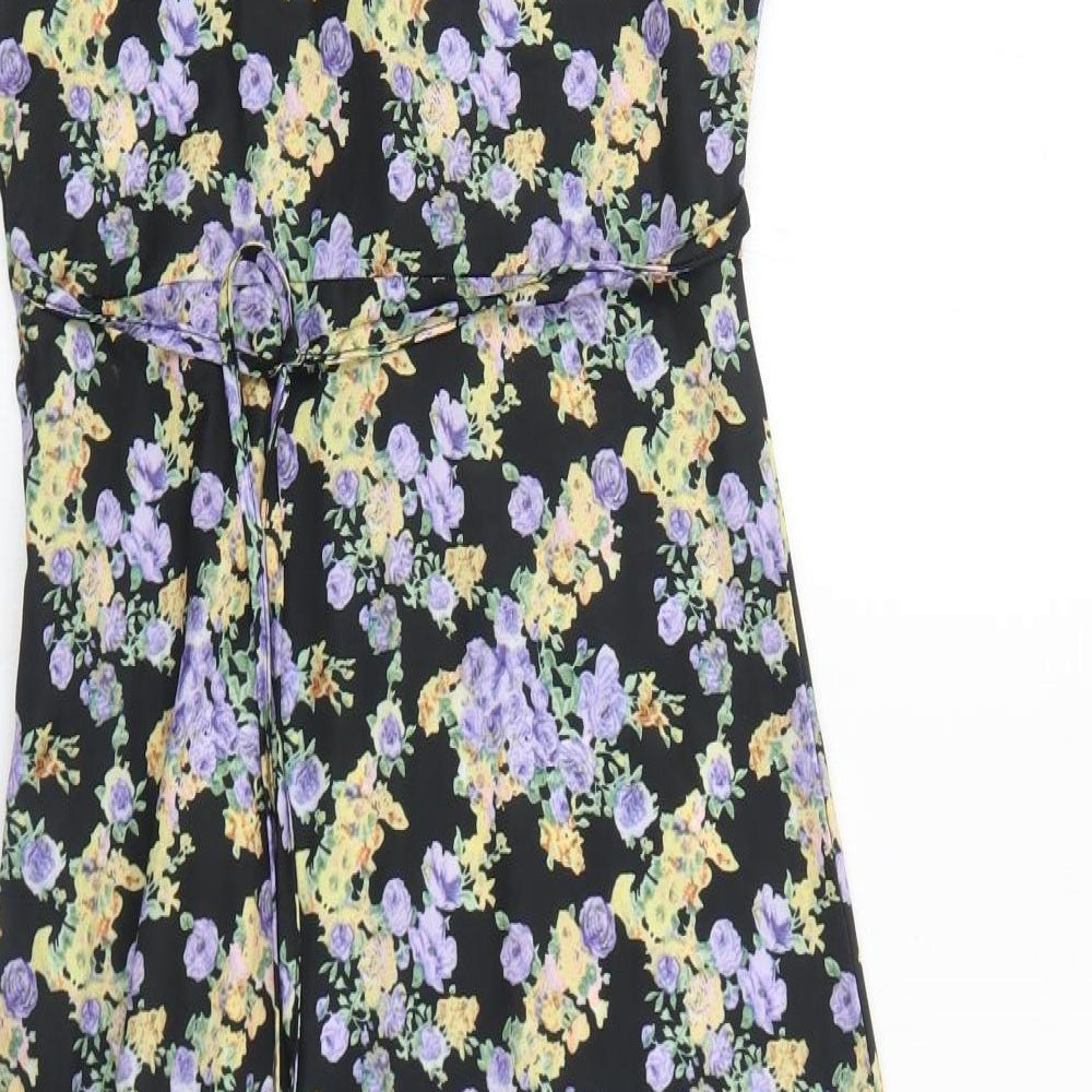 Missguided Womens Black Floral Polyester Trapeze & Swing Size 10 V-Neck Zip