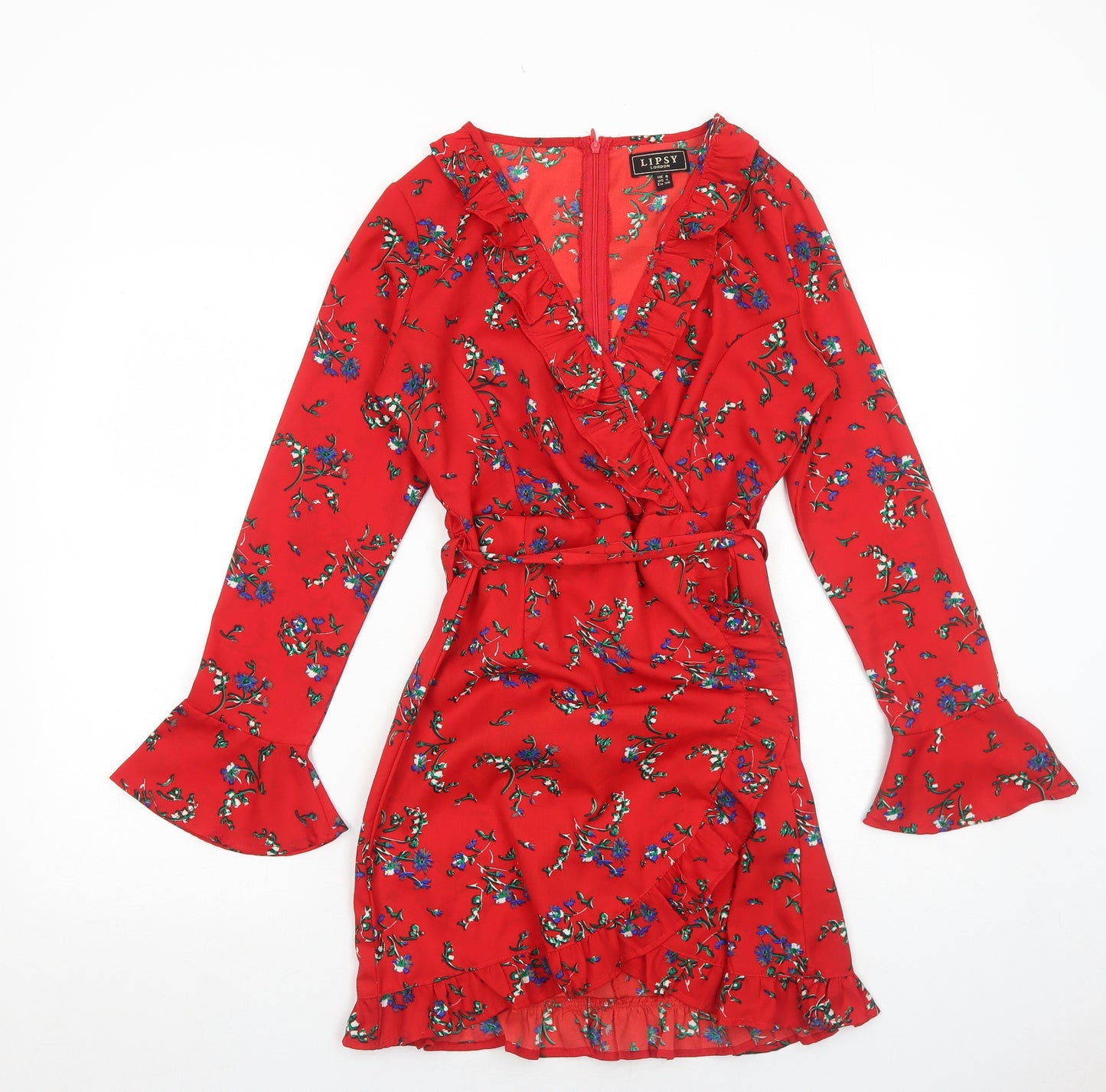 Lipsy Womens Red Floral Polyester A-Line Size 8 V-Neck Zip