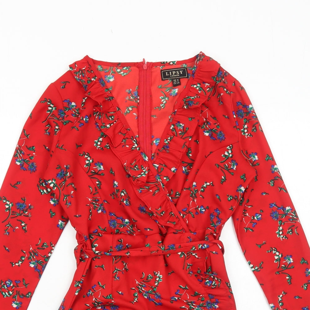 Lipsy Womens Red Floral Polyester A-Line Size 8 V-Neck Zip