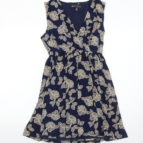 Mela London Womens Blue Floral Polyester Fit & Flare Size 10 V-Neck Pullover