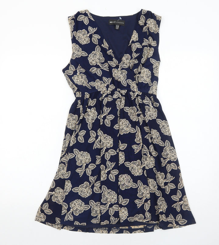 Mela London Womens Blue Floral Polyester Fit & Flare Size 10 V-Neck Pullover