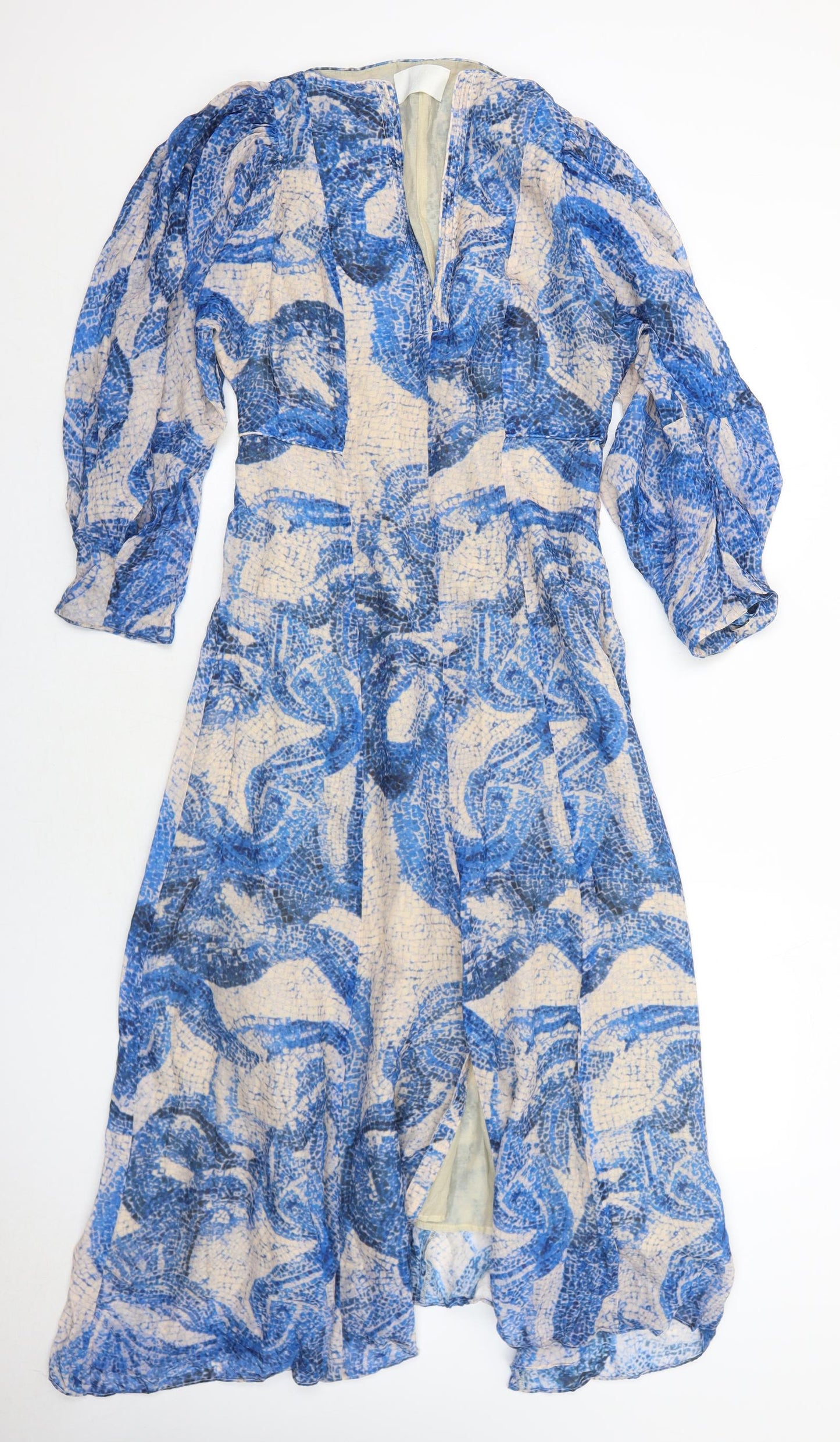 H&M Womens Blue Geometric Silk Trapeze & Swing Size 8 V-Neck Zip