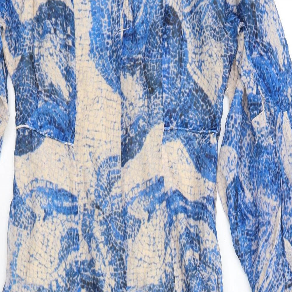 H&M Womens Blue Geometric Silk Trapeze & Swing Size 8 V-Neck Zip
