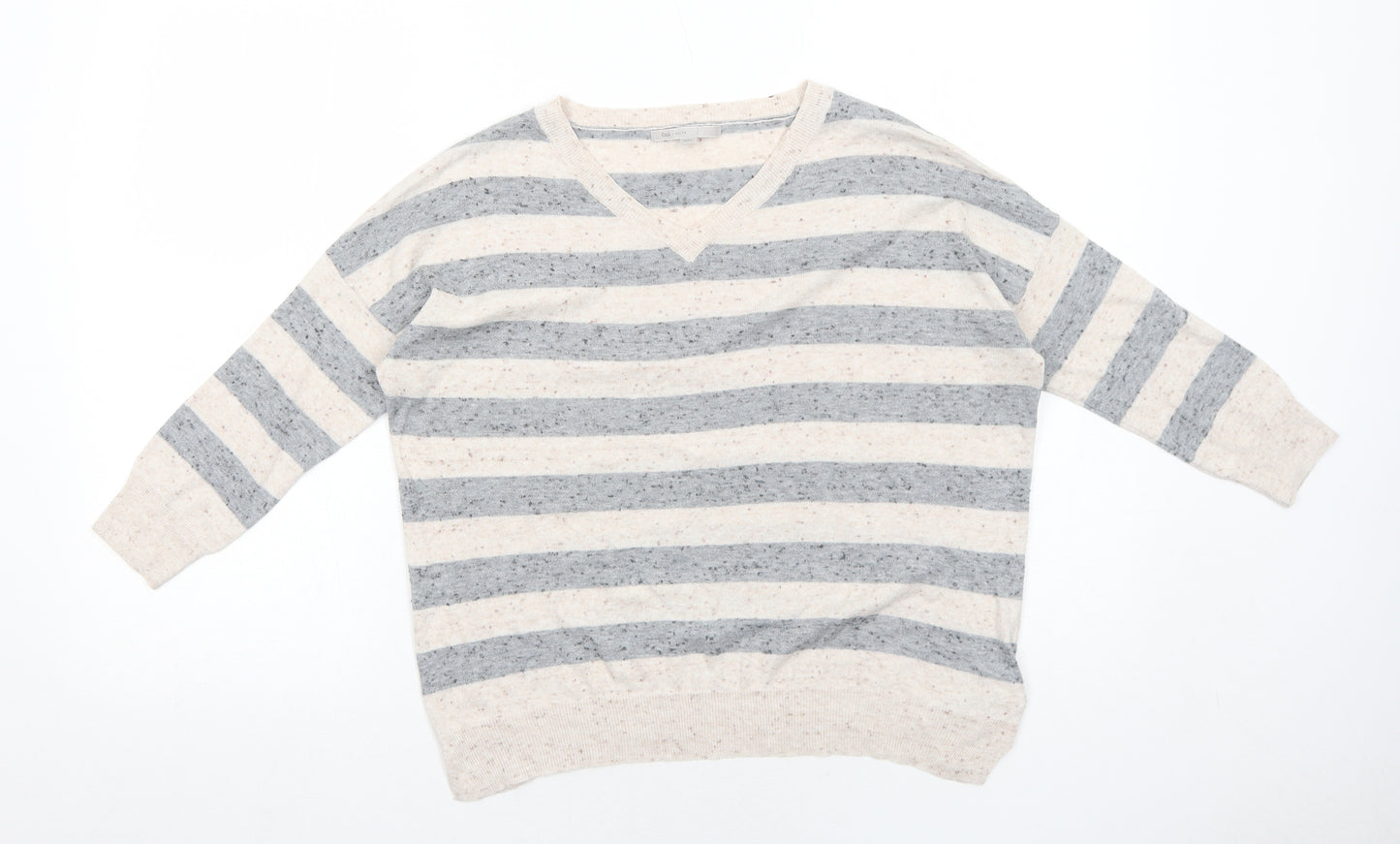 Gap Womens Beige V-Neck Striped Cotton Pullover Jumper Size XS