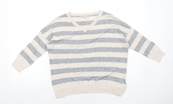 Gap Womens Beige V-Neck Striped Cotton Pullover Jumper Size XS