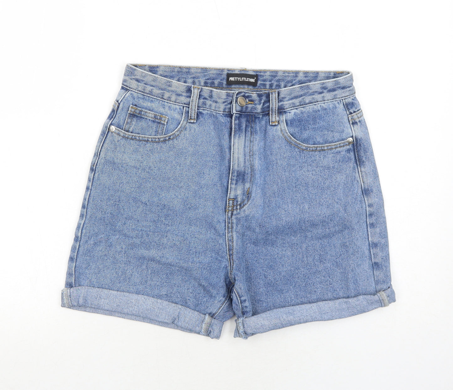 PRETTYLITTLETHING Womens Blue Cotton Boyfriend Shorts Size 10 Regular Zip
