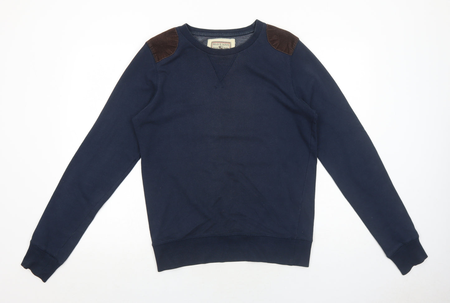 Brave Soul Mens Blue Cotton Pullover Sweatshirt Size S - Elbow Patches
