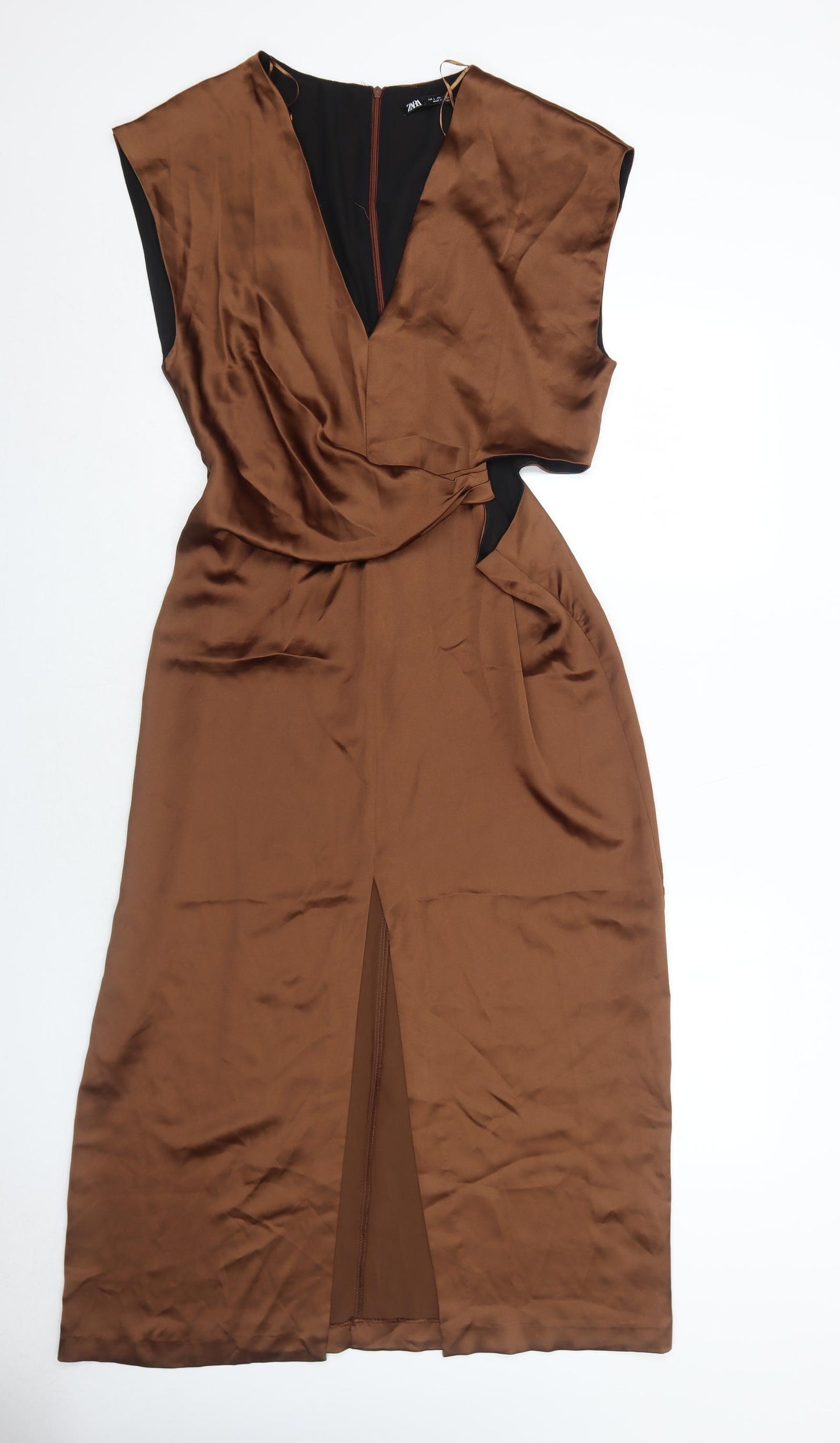 Zara Womens Brown Polyester Maxi Size L V-Neck Zip