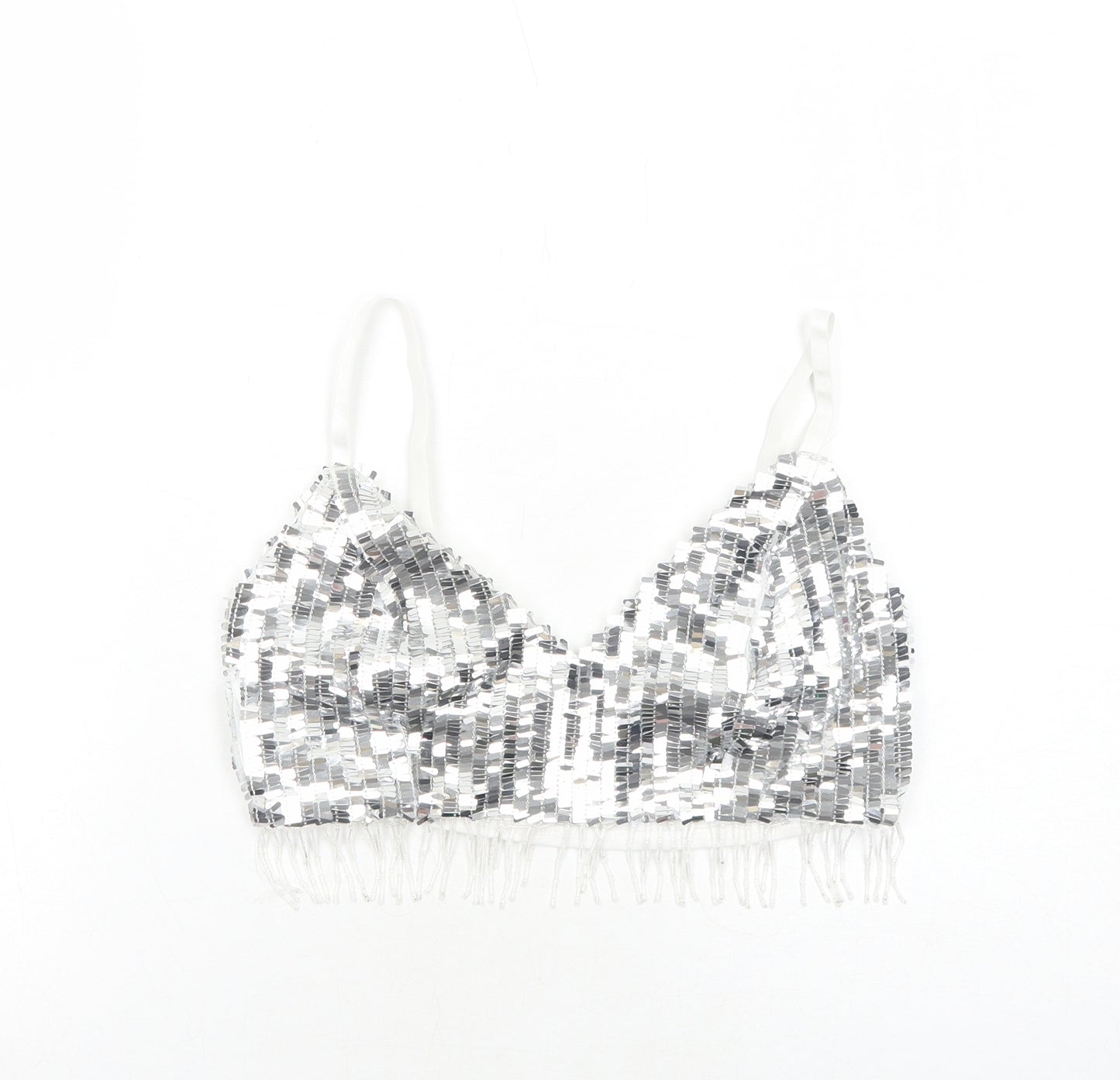 PRETTYLITTLETHING Womens Silver Polyester Cropped Tank Size 8 V-Neck