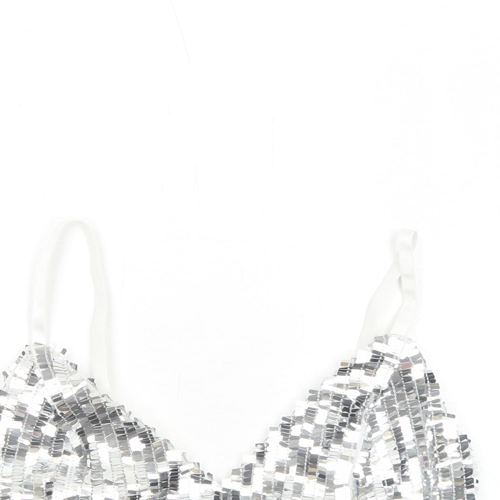 PRETTYLITTLETHING Womens Silver Polyester Cropped Tank Size 8 V-Neck