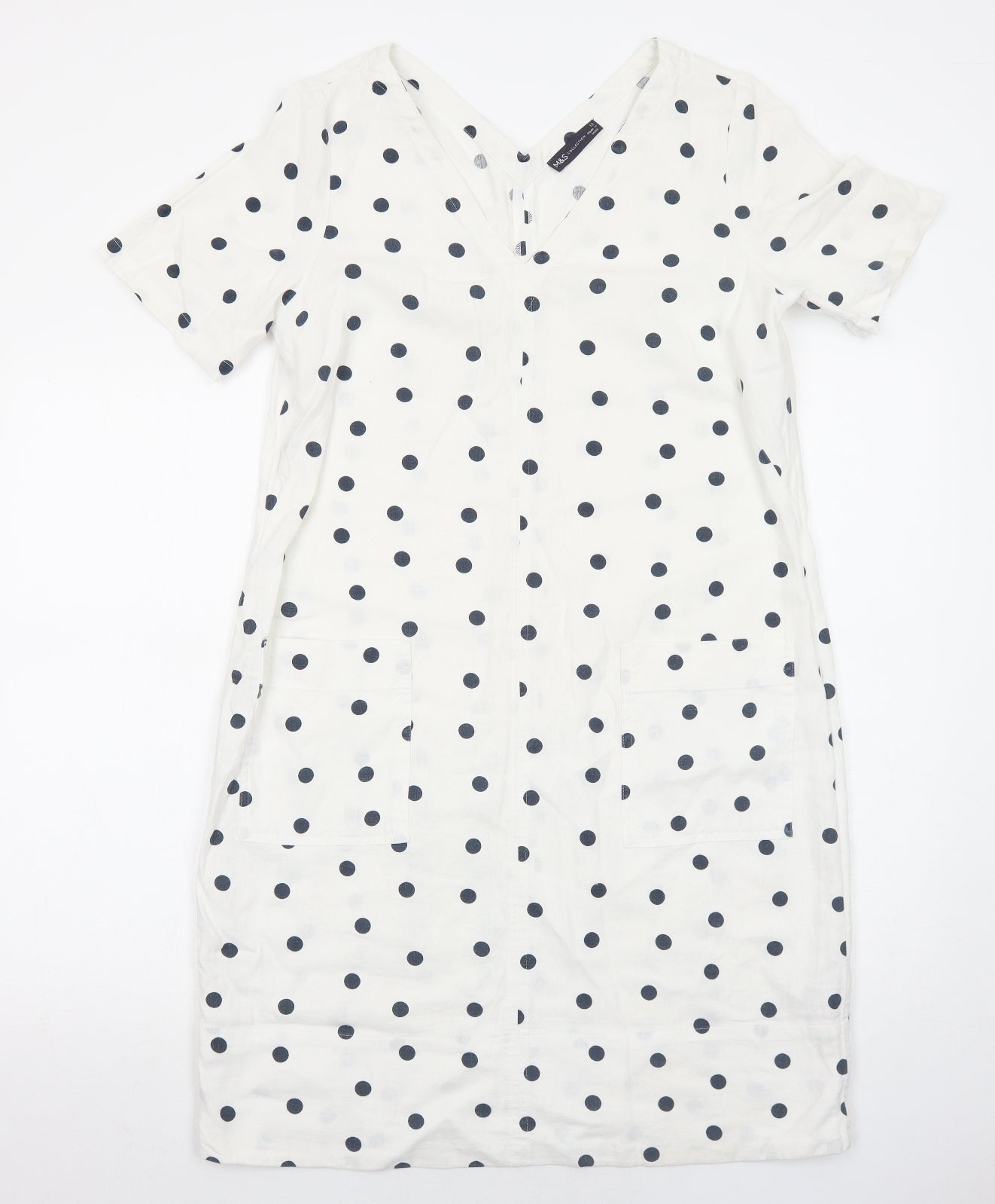 Marks and Spencer Womens White Polka Dot Linen A-Line Size 12 V-Neck Pullover