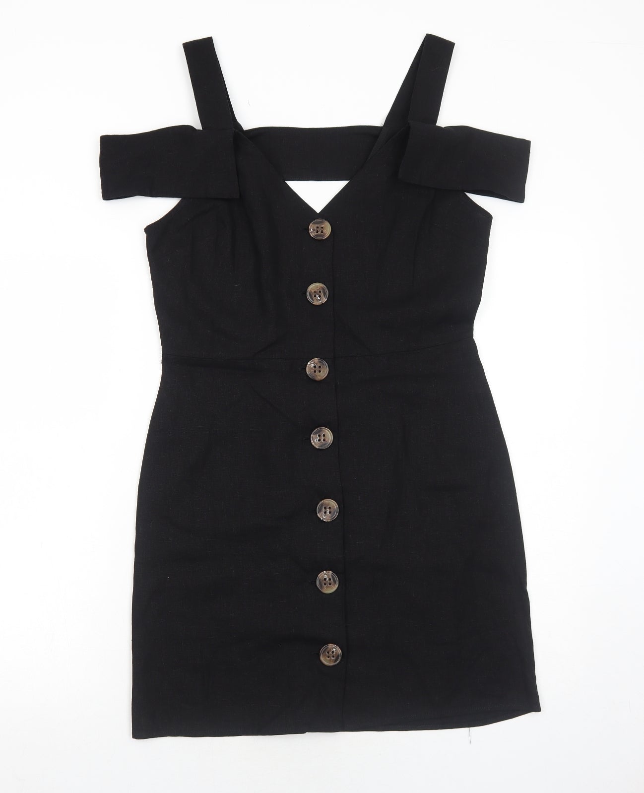 River Island Womens Black Linen A-Line Size 12 V-Neck Button