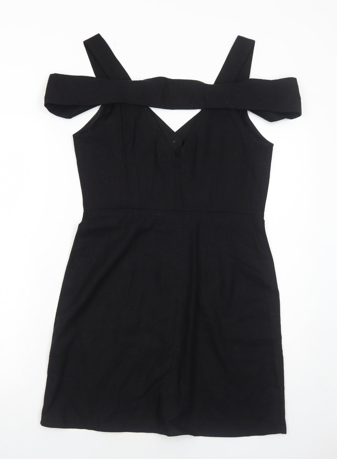 River Island Womens Black Linen A-Line Size 12 V-Neck Button