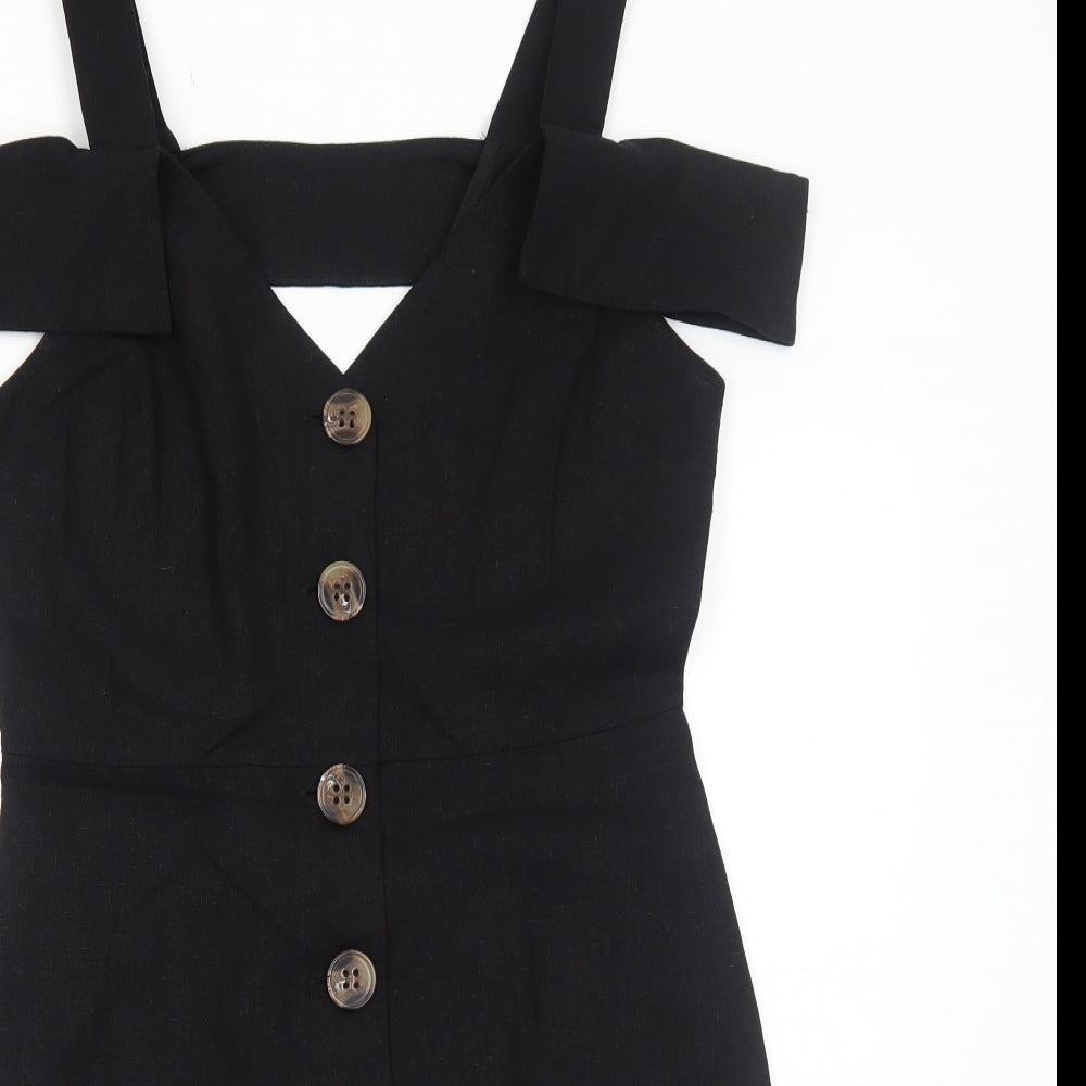 River Island Womens Black Linen A-Line Size 12 V-Neck Button