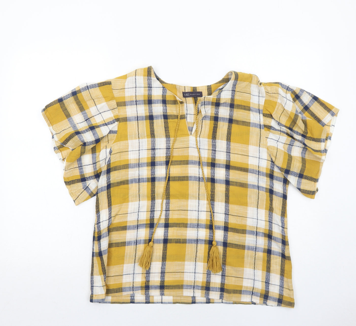 Marks and Spencer Womens Yellow Geometric Cotton Basic Blouse Size 12 V-Neck